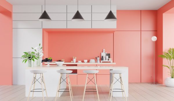 Kitchen interior with living coral color wall on living coral color of the Year 2019,3d rendering